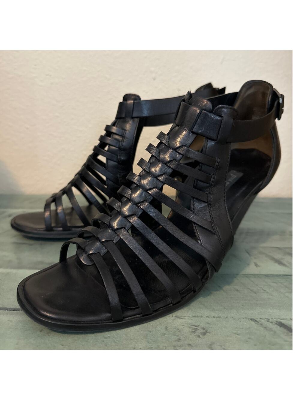 Paul Green Size 9 Christy Black Leather 3 1/2" Gladiator Heels Adj Ankle Buckle